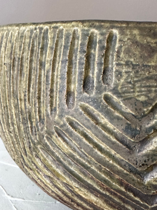 Hand Carved Khaki Studio Pottery Bowl