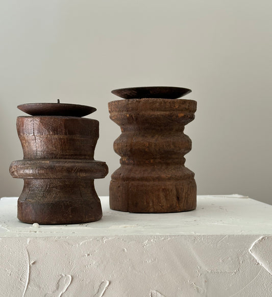 Pair of Sculptural Turned Wood Candleholders
