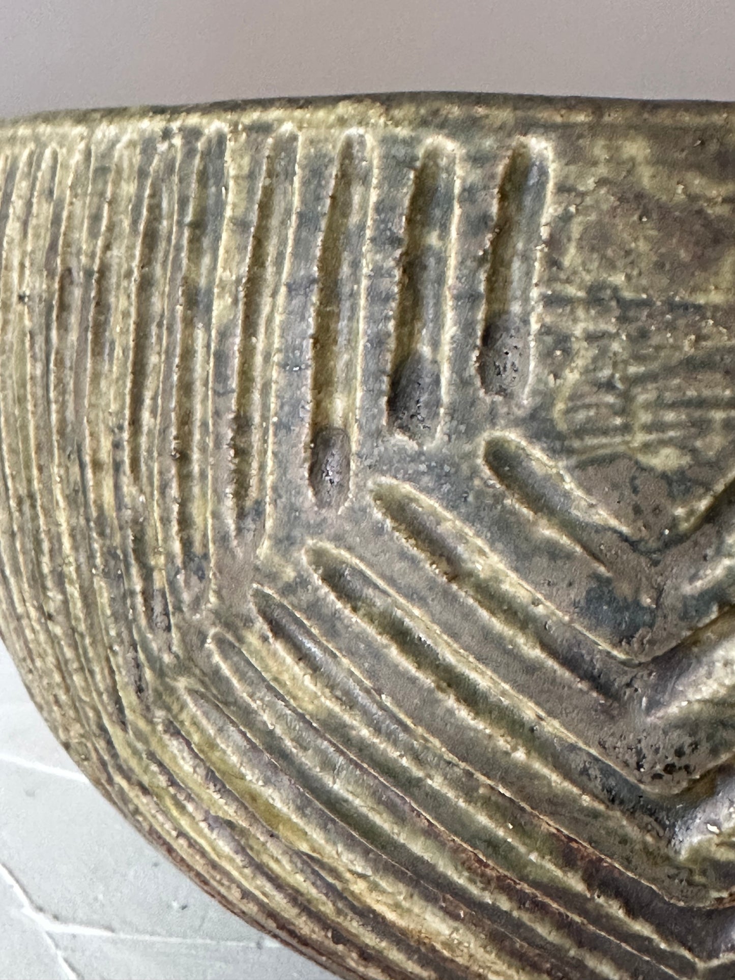 Hand Carved Khaki Studio Pottery Bowl