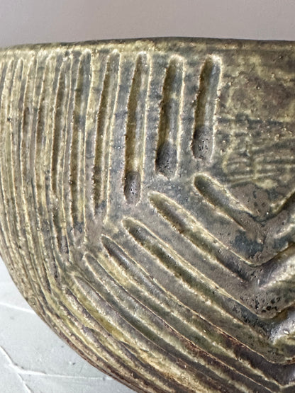 Hand Carved Khaki Studio Pottery Bowl