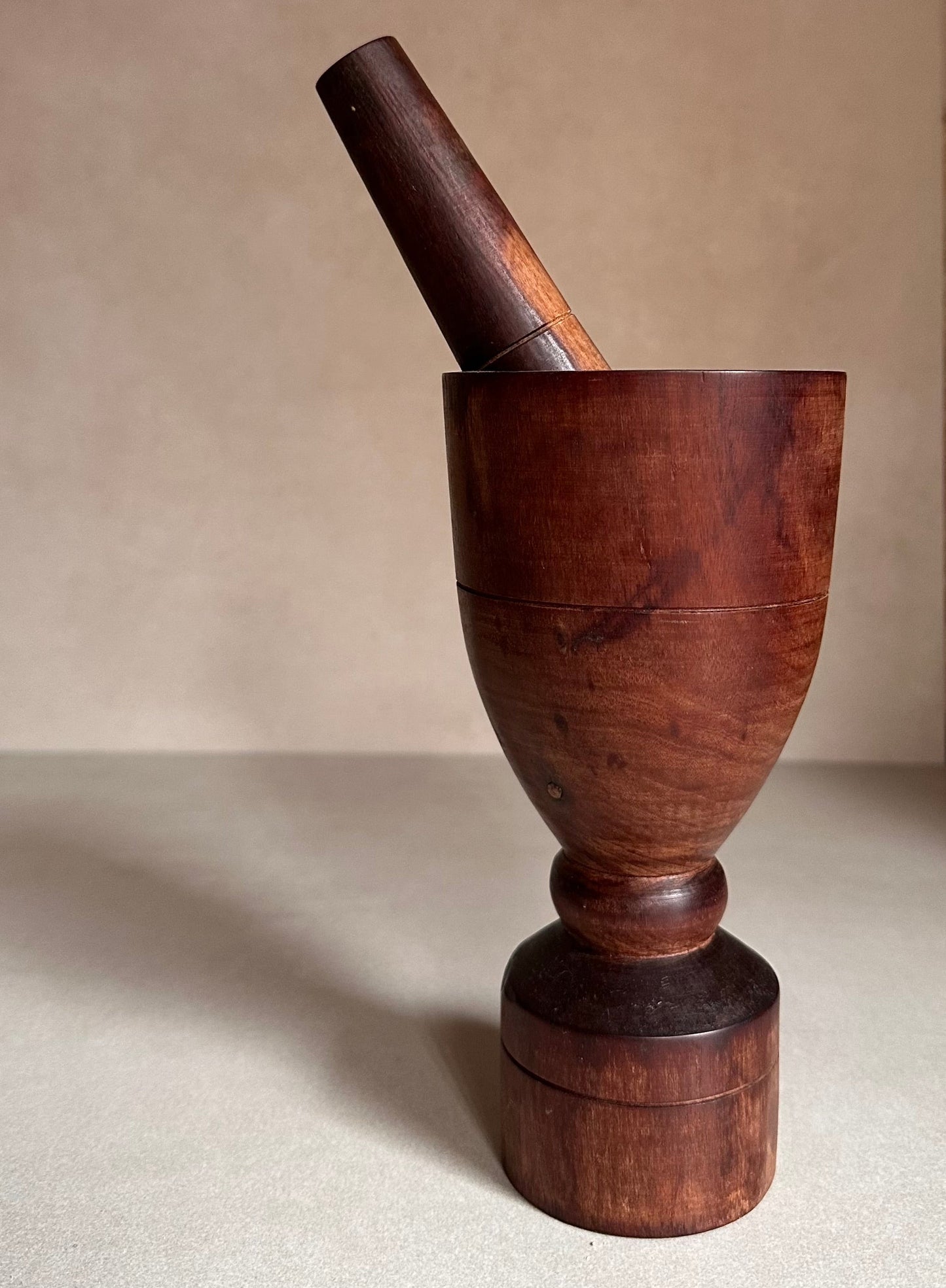 Vintage wooden mortar and pestle.