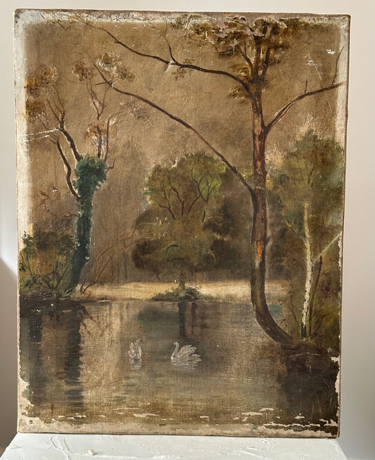 Vintage oil painting of swans on a lake with trees and water reflections