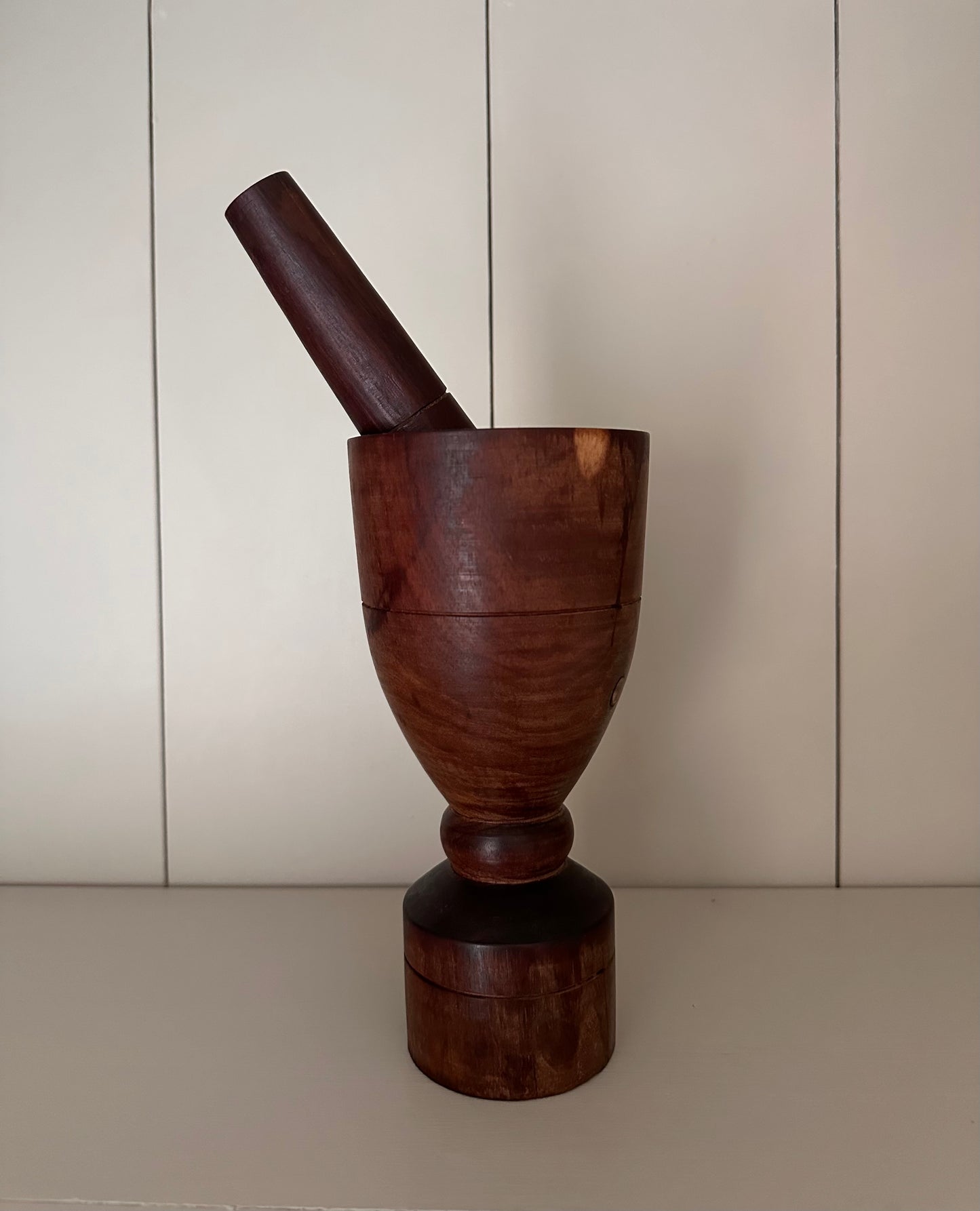 Vintage wooden mortar and pestle.