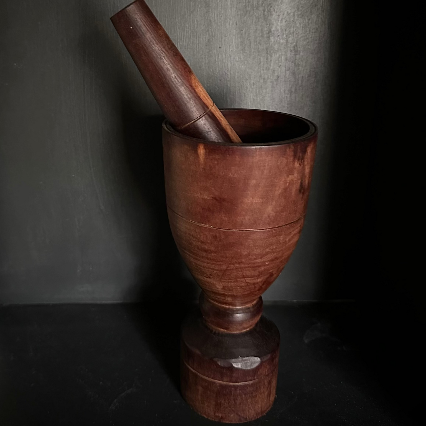 Vintage wooden mortar and pestle.